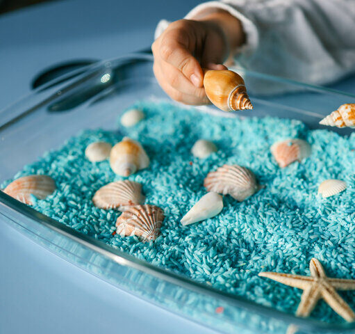 a tray of blue sand with shells in for sensory touching