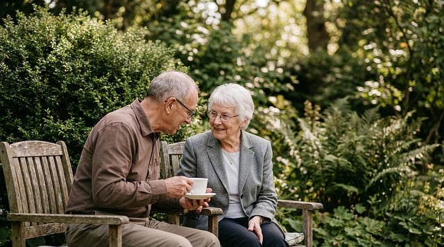 elderly couple sitting on a garden bench